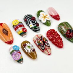 Alternative view of Whimsical Garden Themed Press On Nails | Cottagecore Strawberry & Button Nail Art | Vintage 3D Ladybug Nails | Forestcore Press Ons