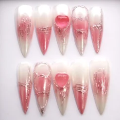Pink Ombre Glitter Press On Nails | Bridal Elegant Fake Nails