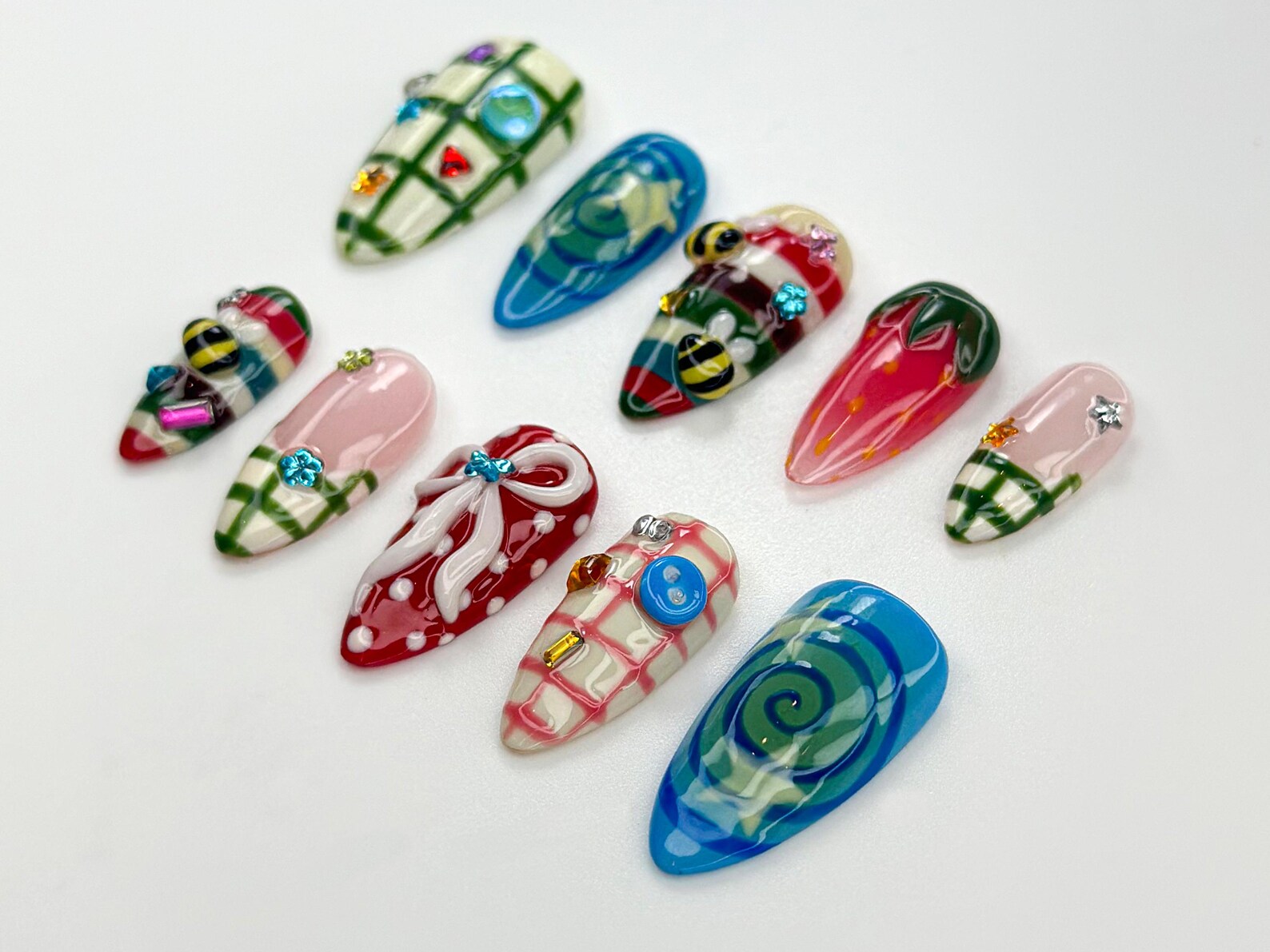 Cute Bee Strawberry Press On Nails | Colorful Plaid Nail Art | Fun Festival Nails | Whimsical Summer Press Ons | Summer 3D Nails - Image 3