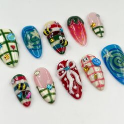 Alternative view of Cute Bee Strawberry Press On Nails | Colorful Plaid Nail Art | Fun Festival Nails | Whimsical Summer Press Ons | Summer 3D Nails