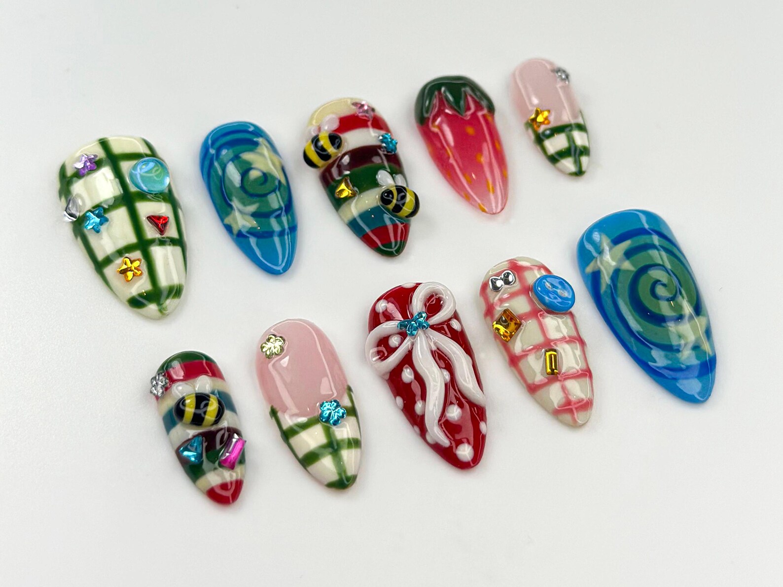 Cute Bee Strawberry Press On Nails | Colorful Plaid Nail Art | Fun Festival Nails | Whimsical Summer Press Ons | Summer 3D Nails - Image 2