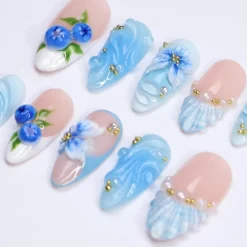 Alternative view of Summer Press On Nail with Blueberry & Ocean Wave in Medium Almond| Handmade Nails for Beach Holiday, Vacation| Blue Theme Fake Nails Art