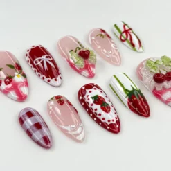 Alternative view of Strawberry Picnic Press On Nails | Cute 3D Strawberry And Bow Nail Art | Gingham Vintage Picnic Nails | Red & Pink Summer Nails