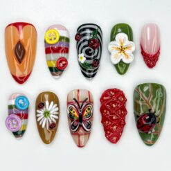 Whimsical Garden Themed Press On Nails | Cottagecore Strawberry & Button Nail Art | Vintage 3D Ladybug Nails | Forestcore Press Ons