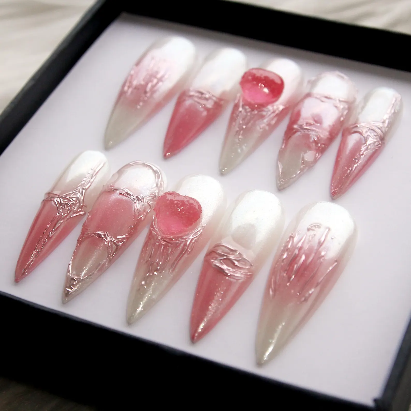Pink Ombre Glitter Press On Nails | Bridal Elegant Fake Nails - Image 3