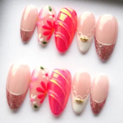 Alternative view of Hotpink Chrome Powder Press On Nails - Trendy 3D Summer Fake Nails V268