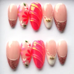 Hotpink Chrome Powder Press On Nails - Trendy 3D Summer Fake Nails V268