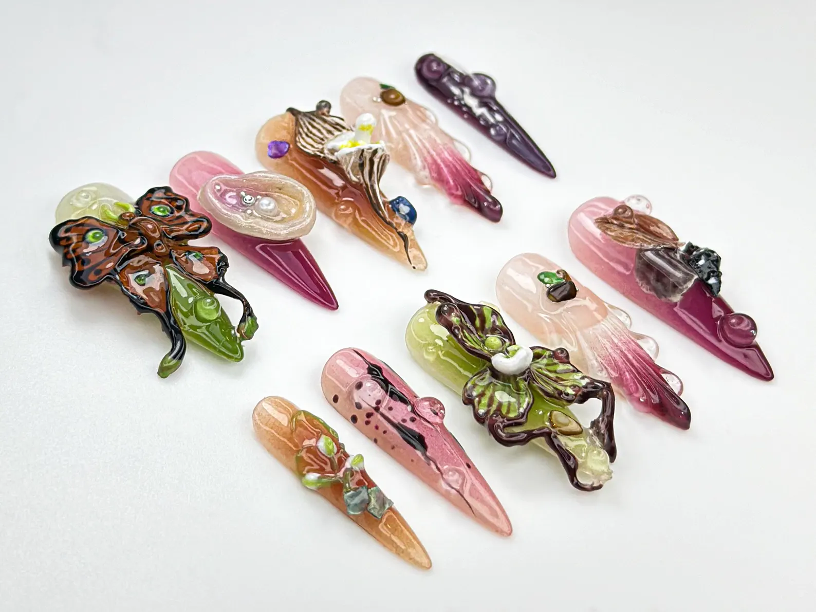 3D Abstract Garden Press On Nails | Surreal Naturecore Nails | Handmade Butterfly & Bloom Set | Artcore Forest Nails | - Image 2