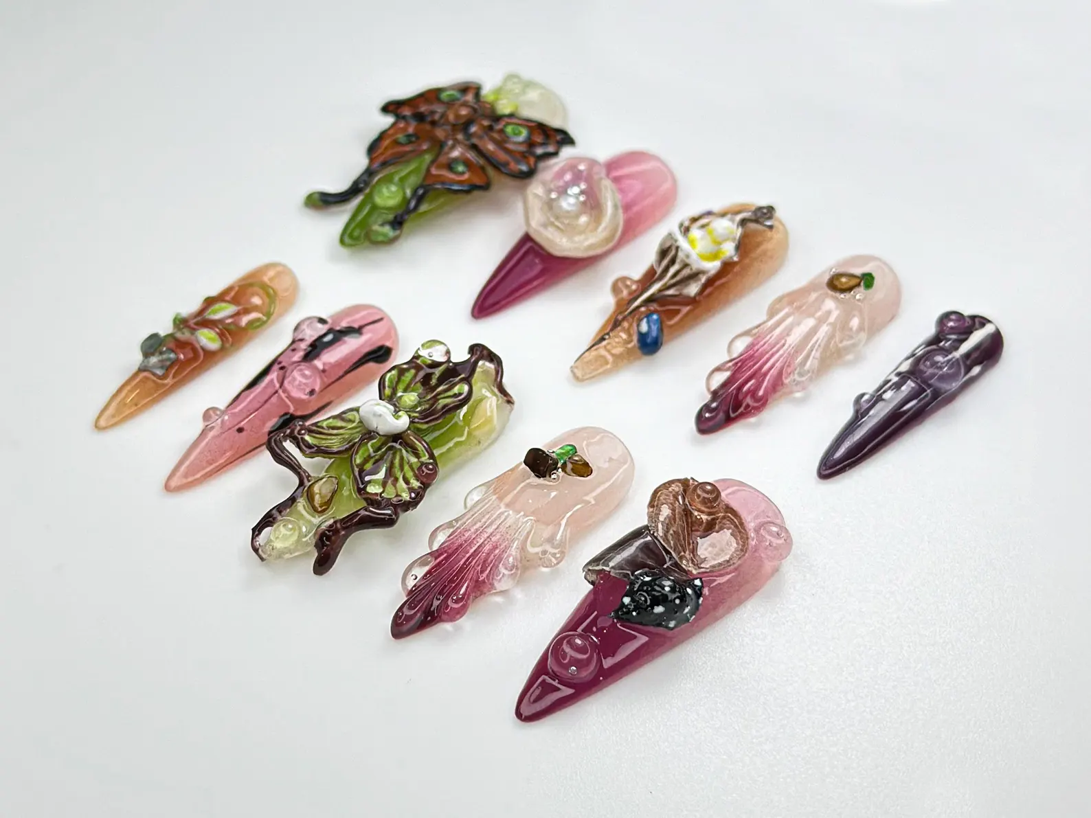 3D Abstract Garden Press On Nails | Surreal Naturecore Nails | Handmade Butterfly & Bloom Set | Artcore Forest Nails | - Image 3