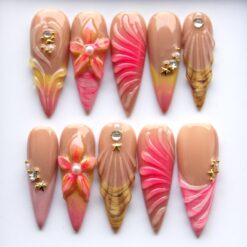 Floral Nude Stiletto Press On Nails | Color Wave Design