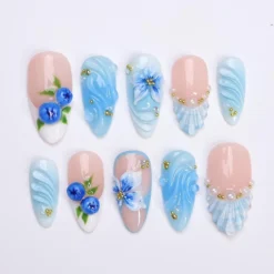 Summer Press On Nail with Blueberry & Ocean Wave in Medium Almond| Handmade Nails for Beach Holiday, Vacation| Blue Theme Fake Nails Art
