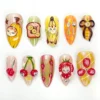 Almond press on nails with a kitten in a 3D banana, banana toast, cherries with cat faces and a strawberry-hat cat