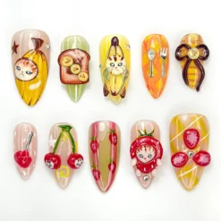 Banana Cat Press On Nails | Cute Fruit Nail Art | 3D Food Nails | Kawaii Handmade Press Ons | Quirky Character Nail Design