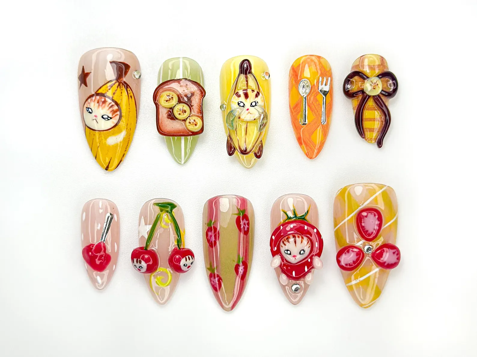 Banana Cat Press On Nails | Cute Fruit Nail Art | 3D Food Nails | Kawaii Handmade Press Ons | Quirky Character Nail Design