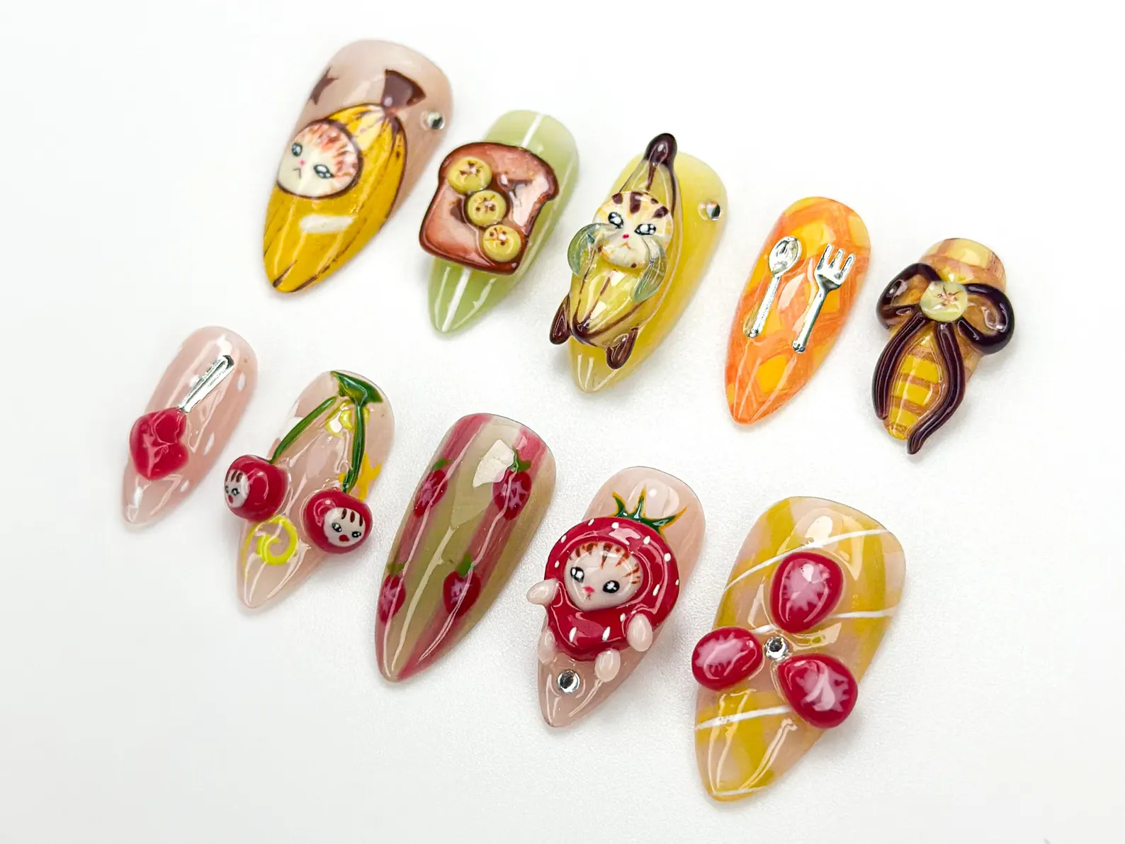 Banana Cat Press On Nails | Cute Fruit Nail Art | 3D Food Nails | Kawaii Handmade Press Ons | Quirky Character Nail Design - Image 3