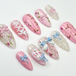 Alternative view of Coquette Ballerina Press On Nails | Rococo Bow & Pearl Nail Art | Soft Girl Floral Nails | 3D Vintage Rose Nail Set | Handmade Nail|