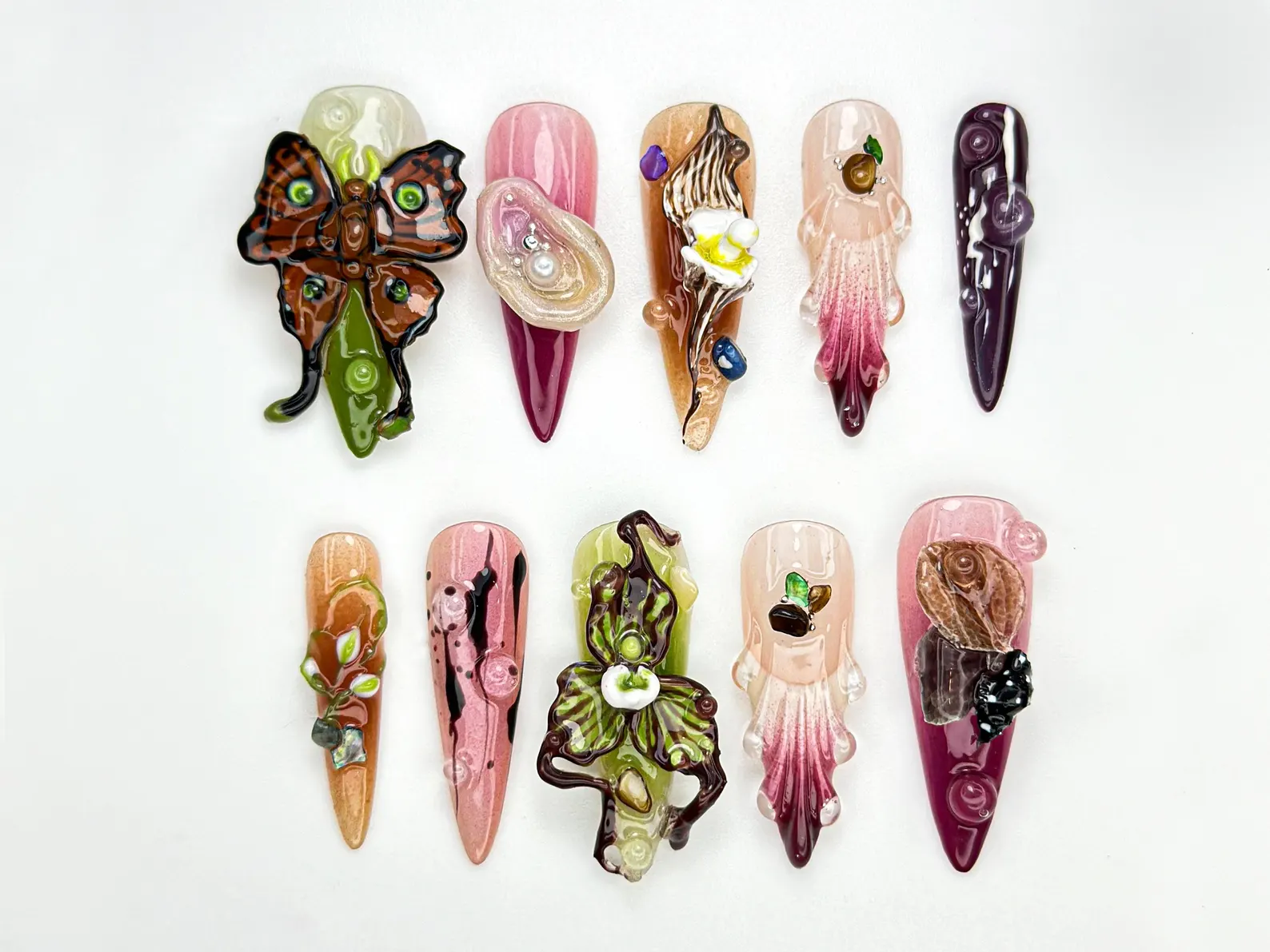 3D Abstract Garden Press On Nails | Surreal Naturecore Nails | Handmade Butterfly & Bloom Set | Artcore Forest Nails |