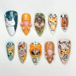 Whimsical Cartoon Kitty Press On Nails | 3D Cat Paw & Animal Faces | Cute Cartoon Pet Press Ons | Handmade Kawaii Nail Set