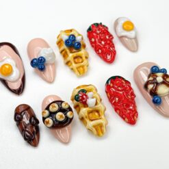 Alternative view of 3D Kawaii Breakfast Press On Nails | 3D Foodie Nail Art | Waffle, Strawberry & Egg Nails | Kawaii Brunch Nails | Cute Food Theme