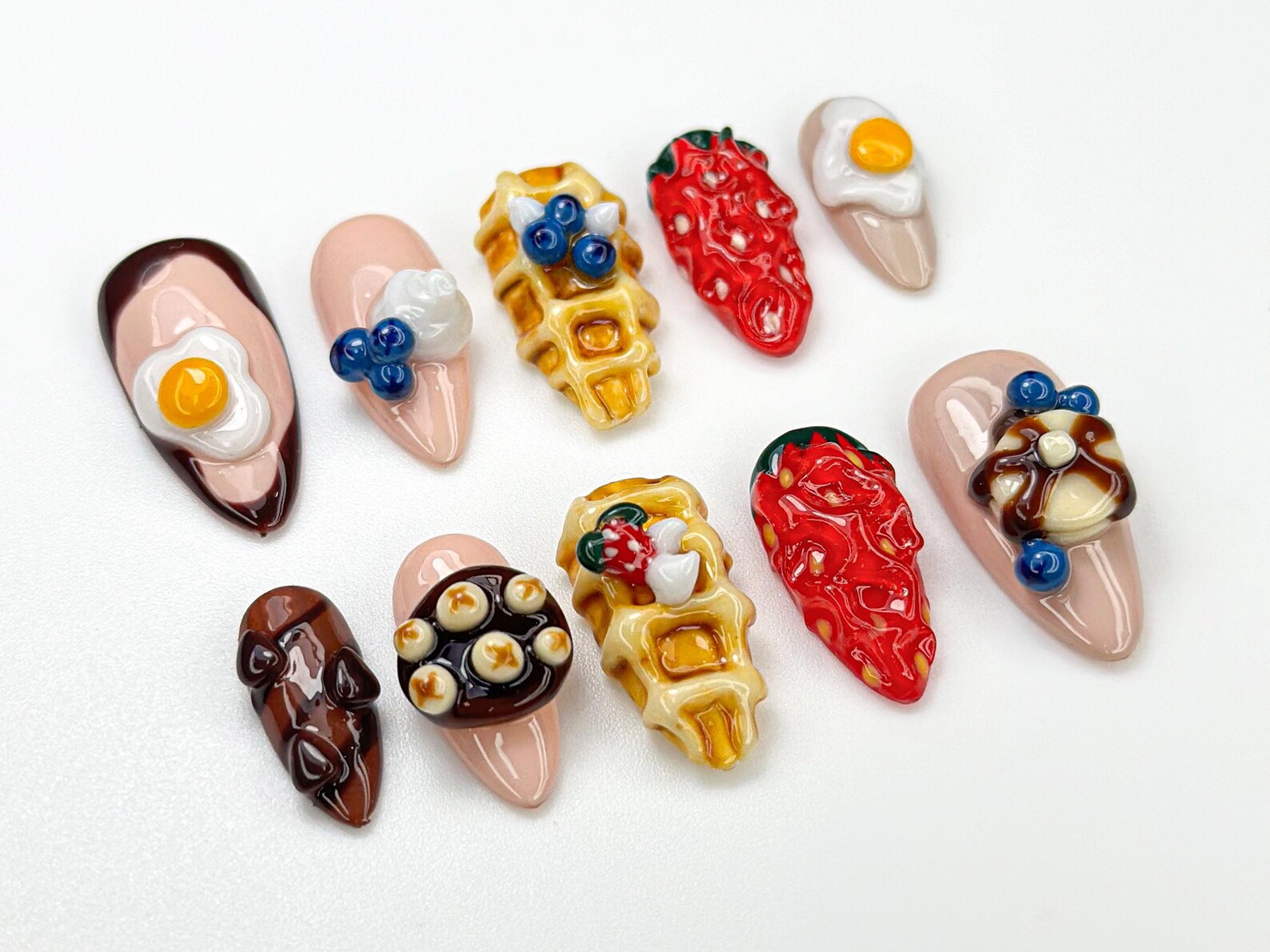 3D Kawaii Breakfast Press On Nails | 3D Foodie Nail Art | Waffle, Strawberry & Egg Nails | Kawaii Brunch Nails | Cute Food Theme - Image 2