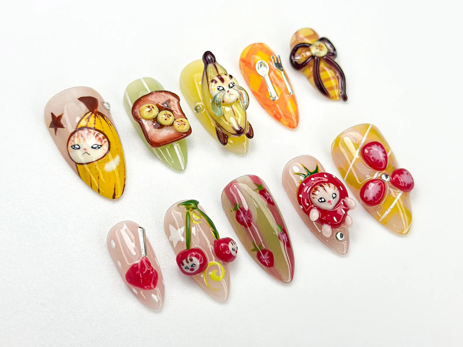 Banana Cat Press On Nails | Cute Fruit Nail Art | 3D Food Nails | Kawaii Handmade Press Ons | Quirky Character Nail Design - Image 2