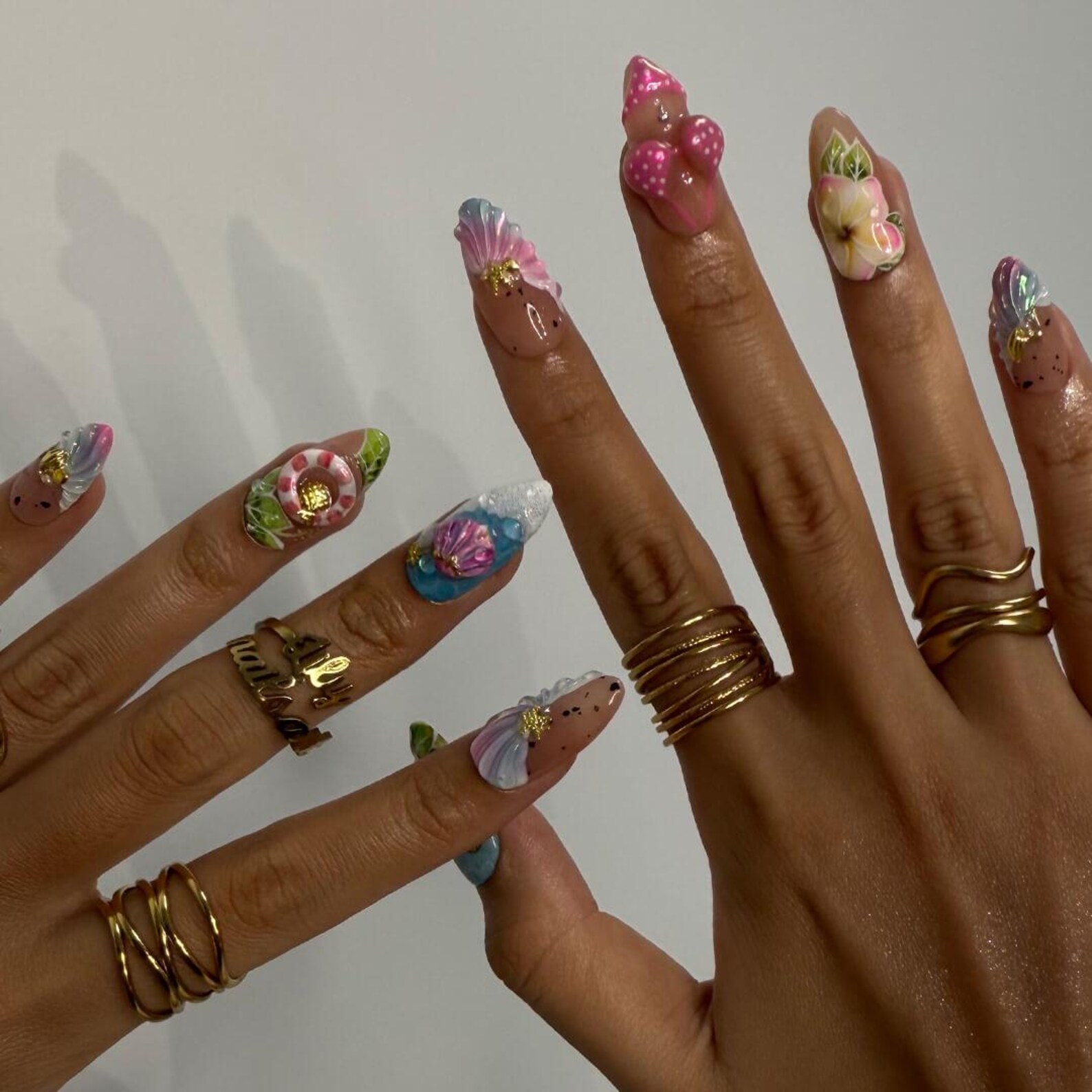 Summer Press on Nails Bikini Art with Plumerias & Seashells | 3D Fake Nails in Long Square | Handmade Nail Art for Holiday, Vacation, Party - Image 2