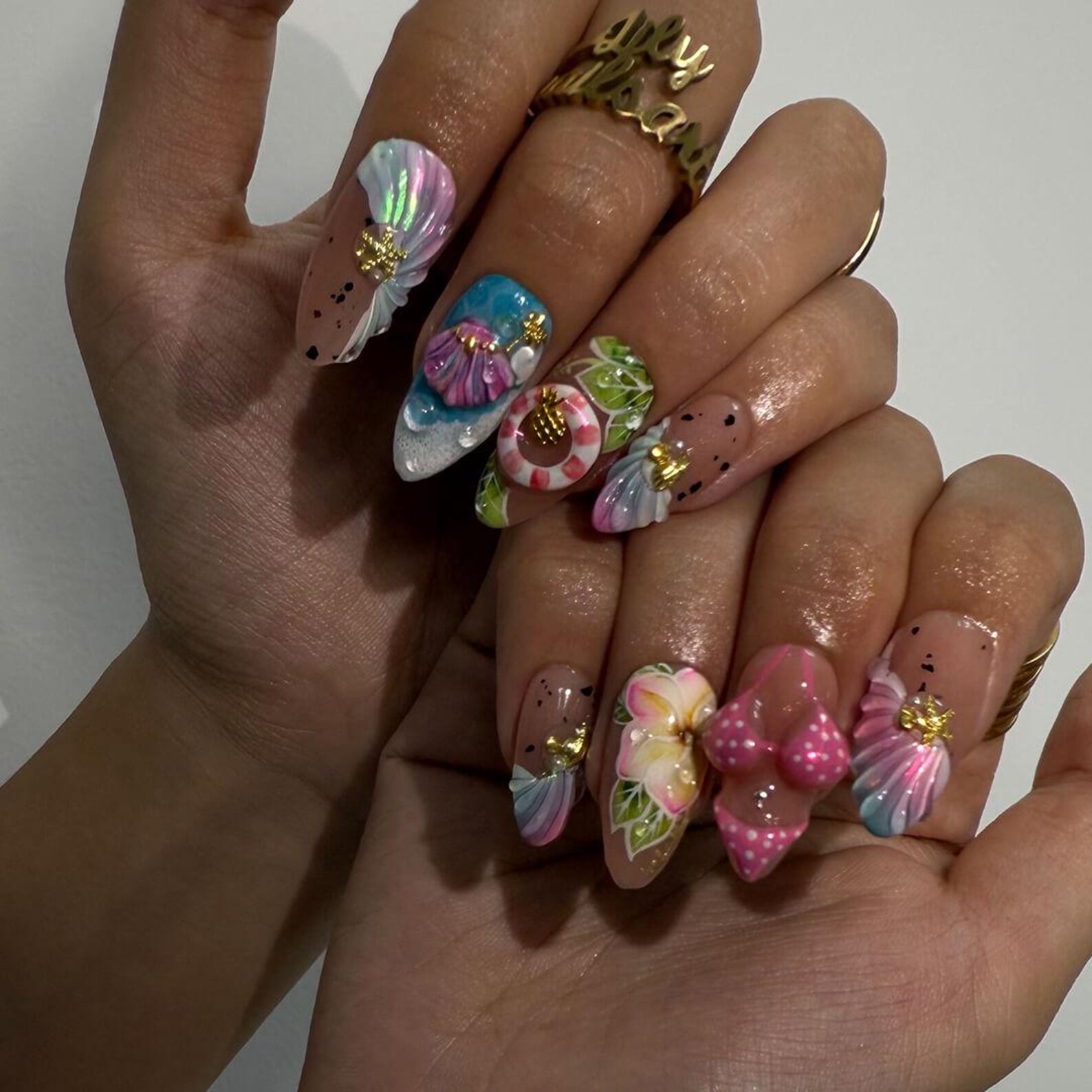 Summer Press on Nails Bikini Art with Plumerias & Seashells | 3D Fake Nails in Long Square | Handmade Nail Art for Holiday, Vacation, Party - Image 3