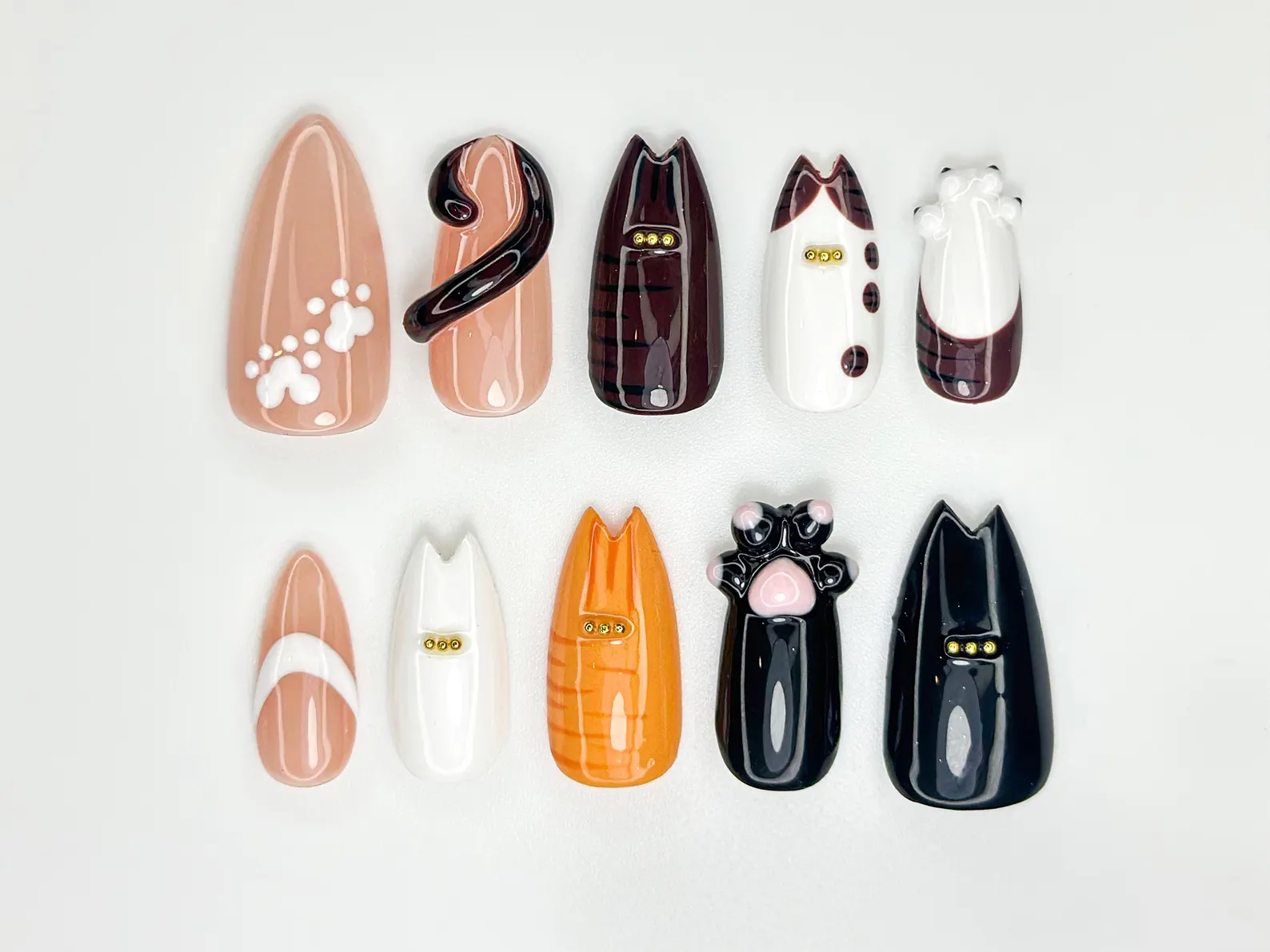 Cute Cat Claw Press On Nails | Cute Kitty Paw Nail Set | 3D Cat Tail & Ears Nails | Cartoon Feline Press Ons | Handmade Nail Art