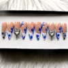 Crystal Heart White French Blue Flower Press-On Nails