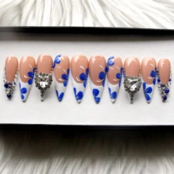 Blue Stiletto Press On Nails: Rhinestone Ombre, Brown & Blue Flowers
