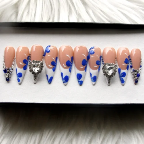 Crystal Heart White French Blue Flower Press-On Nails