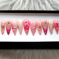 Blossoms in a Princess Dream Press On - Pink Queen 3D Flowers Reusable Fake Nails V293