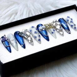 Alternative view of 3D Ocean Stars Press On Nails: Deep Blue Stiletto Style
