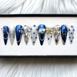 3D Ocean Stars Press On Nails: Deep Blue Stiletto Style