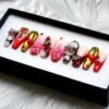 Ten long press-on nails laid in a black box: red French tips, gold chrome, a pink hibiscus and cherry charms