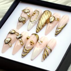 Alternative view of Gold Hour Press On – Golden Edge Mix 3D Nails, Luxury Stiletto Nail Set V378