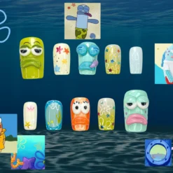 Bikini Bottom Cartoon Press On Nails | 3D Character Nail Art | Ocean & Starfish Themed Press Ons | Colorful Underwater Nail Set