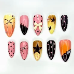 Gradient Sunset Polka Dot Press On Nails | Bow & Star Accents | Glossy Handmade Cute Nail Art | Playful Long Almond Press Ons