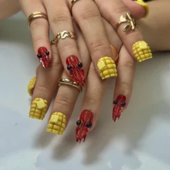 Alternative view of Corn & Crawfish Press On Nails | 3D Food-Inspired Nail Art | Yellow Corn Cob Nails | Red Crawfish Lobster Claws | Fun Quirky Nails