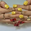 Short square press on nails with sculpted 3D corn cobs with butter and red 3D crawfish