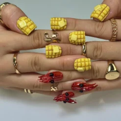 Corn & Crawfish Press On Nails | 3D Food-Inspired Nail Art | Yellow Corn Cob Nails | Red Crawfish Lobster Claws | Fun Quirky Nails