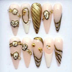 Gold Hour Press On – Golden Edge Mix 3D Nails, Luxury Stiletto Nail Set V378