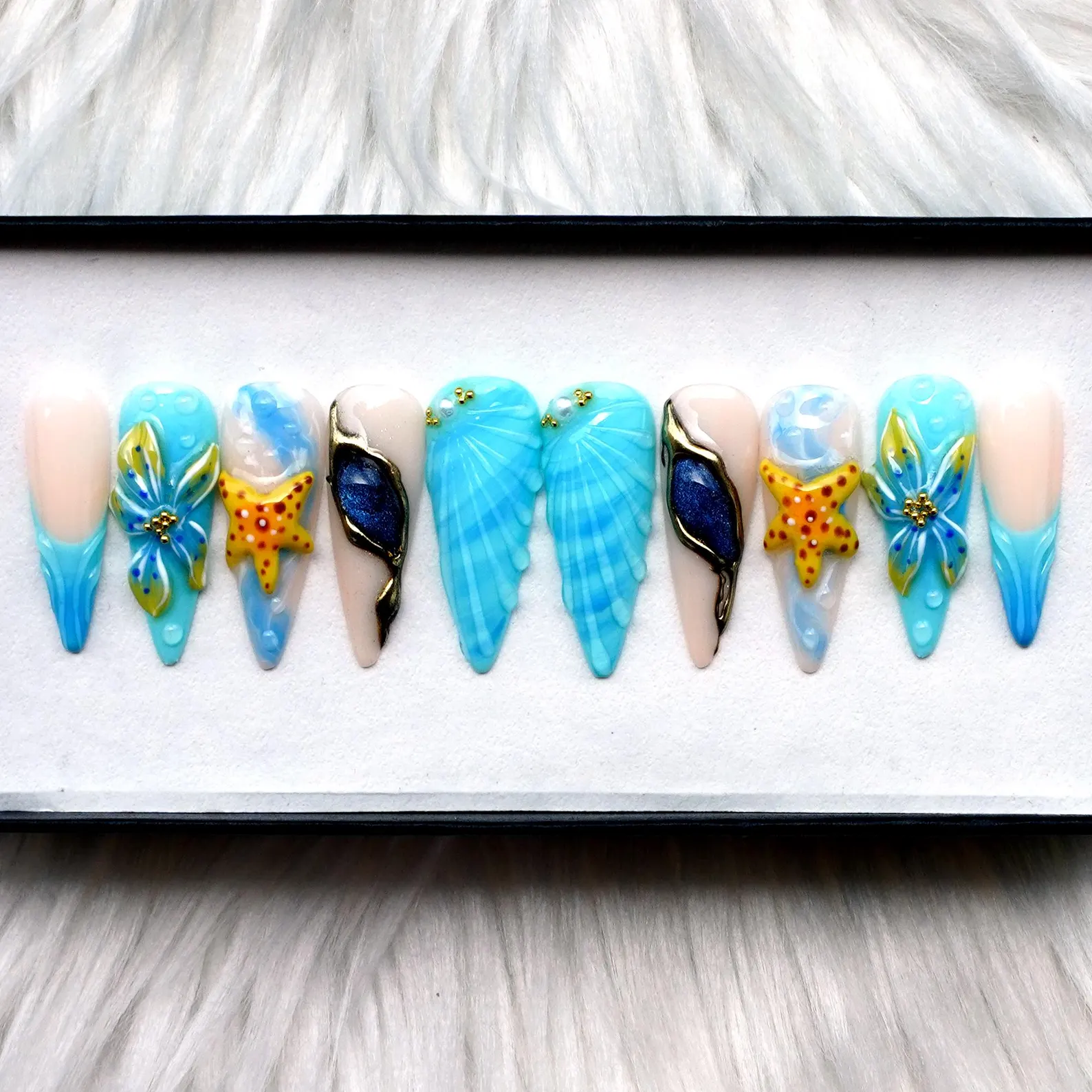 Ocean Princess Dream Press On - Light Blue Sea 3D Fake Nails, Y2K Style