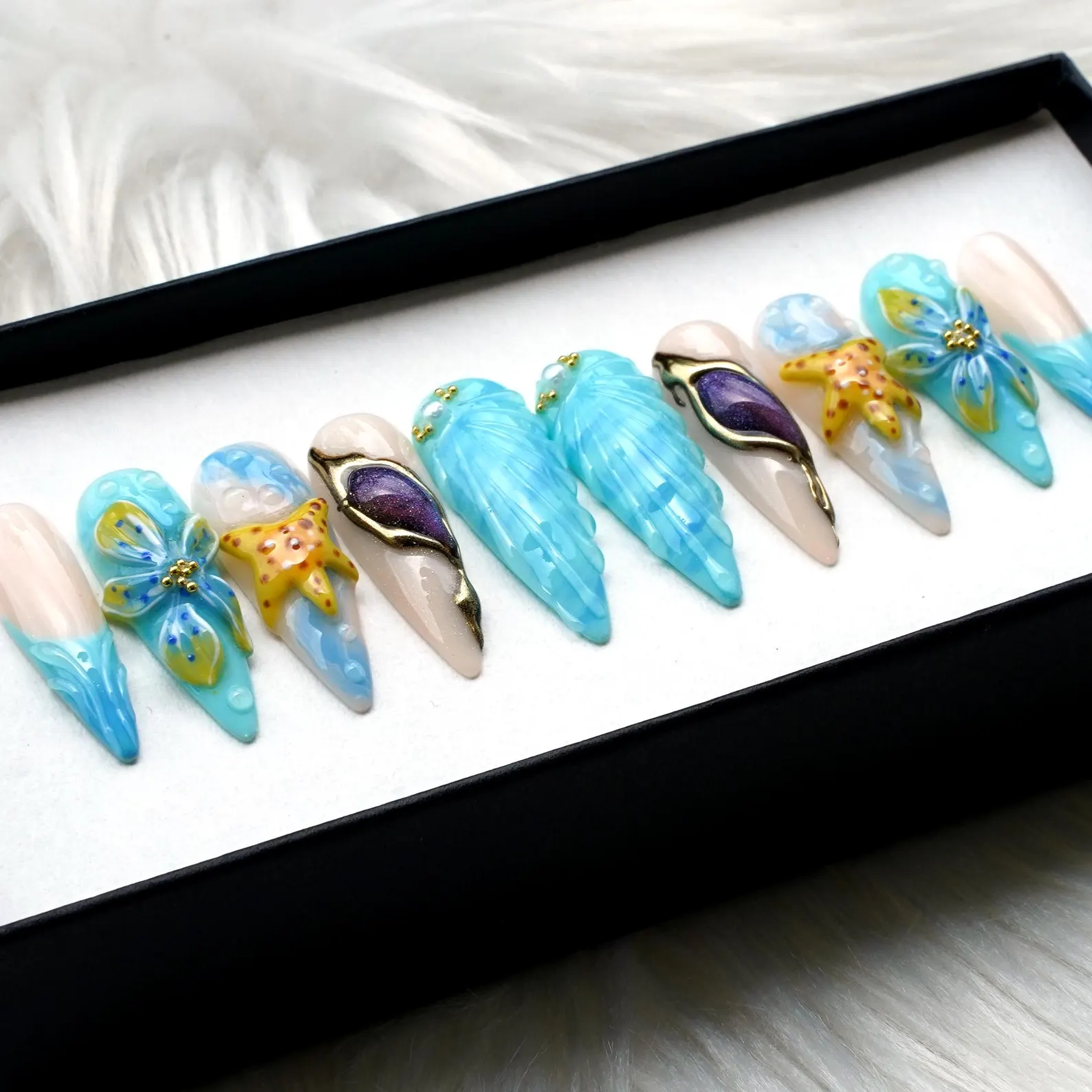 Ocean Princess Dream Press On - Light Blue Sea 3D Fake Nails, Y2K Style - Image 2