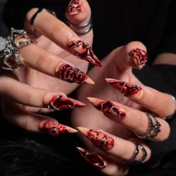 Alternative view of Halloween Horror Press On Nails With 3D Eyes, Stitches | Fake Nails in Long Stiletto | Spooky Handmade Nail Art for Parties, Costumes