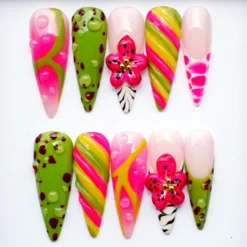 Berry Blossom Belle Press On – 3D Tropical Glam Fake Nails, Trendy Stiletto Set V303