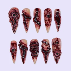 Halloween Horror Press On Nails With 3D Eyes, Stitches | Fake Nails in Long Stiletto | Spooky Handmade Nail Art for Parties, Costumes
