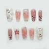 Milky white and pink coffin press on nails with a 3D cartoon kitty, pearl chains, silver stars and glitter leopard tips
