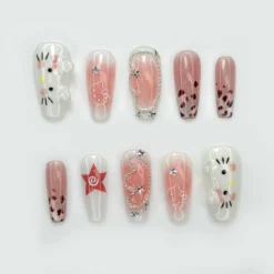 Kawaii Kitty Charm Press On Nails | 3D Hello Kitty Nail Art | Cute Pink Cartoon Nails | Star & Heart Accent Nails