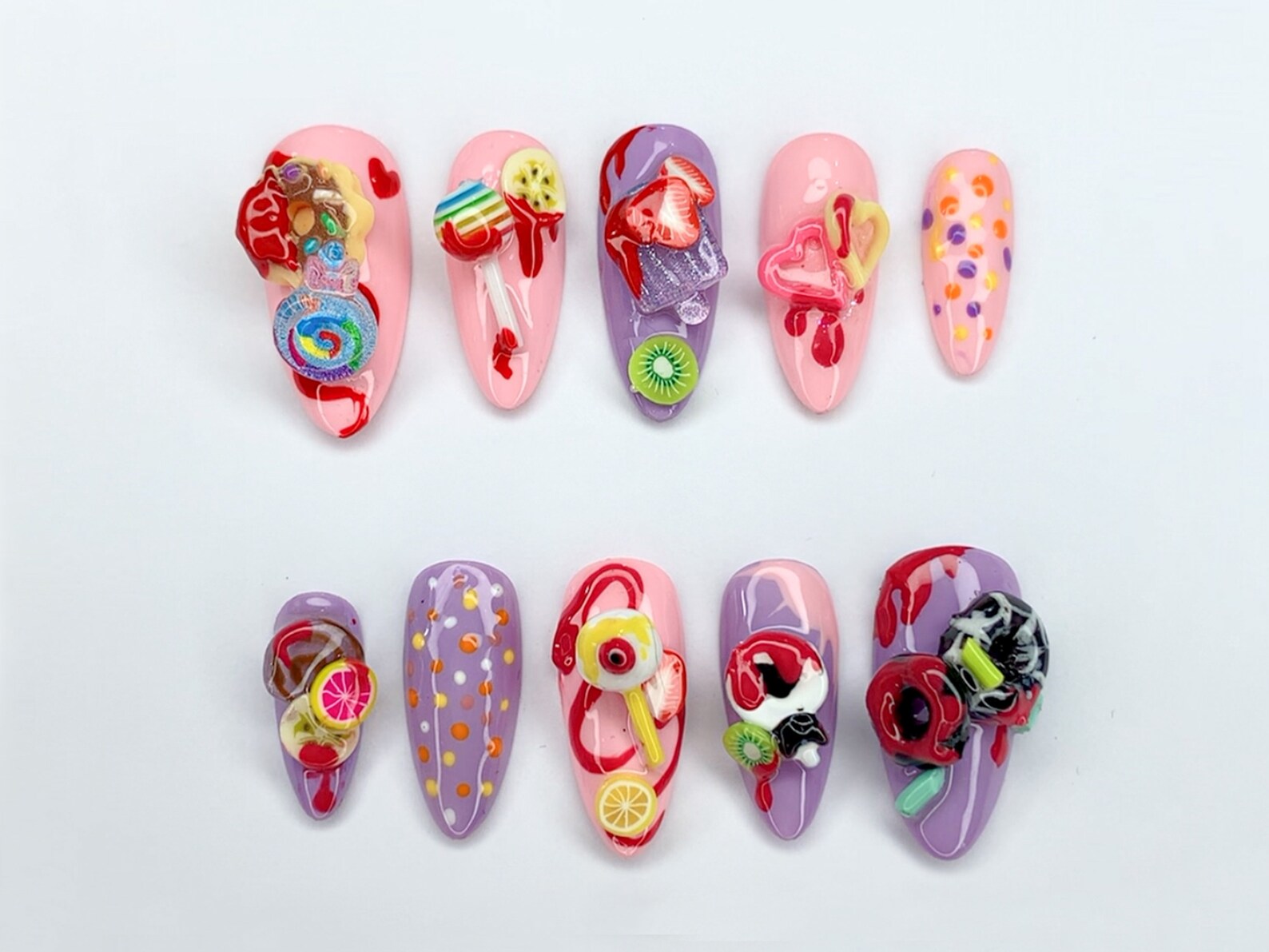 Fun and Whimsical 3D Nail Art Set | Candy and Fruit Designs | Sweet Press On Nails